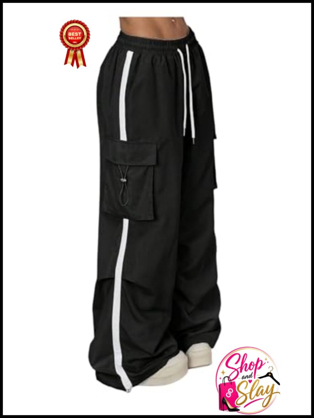 Y2K Baggy Wide Leg Cargo Track Pants Side Stripe Parachute